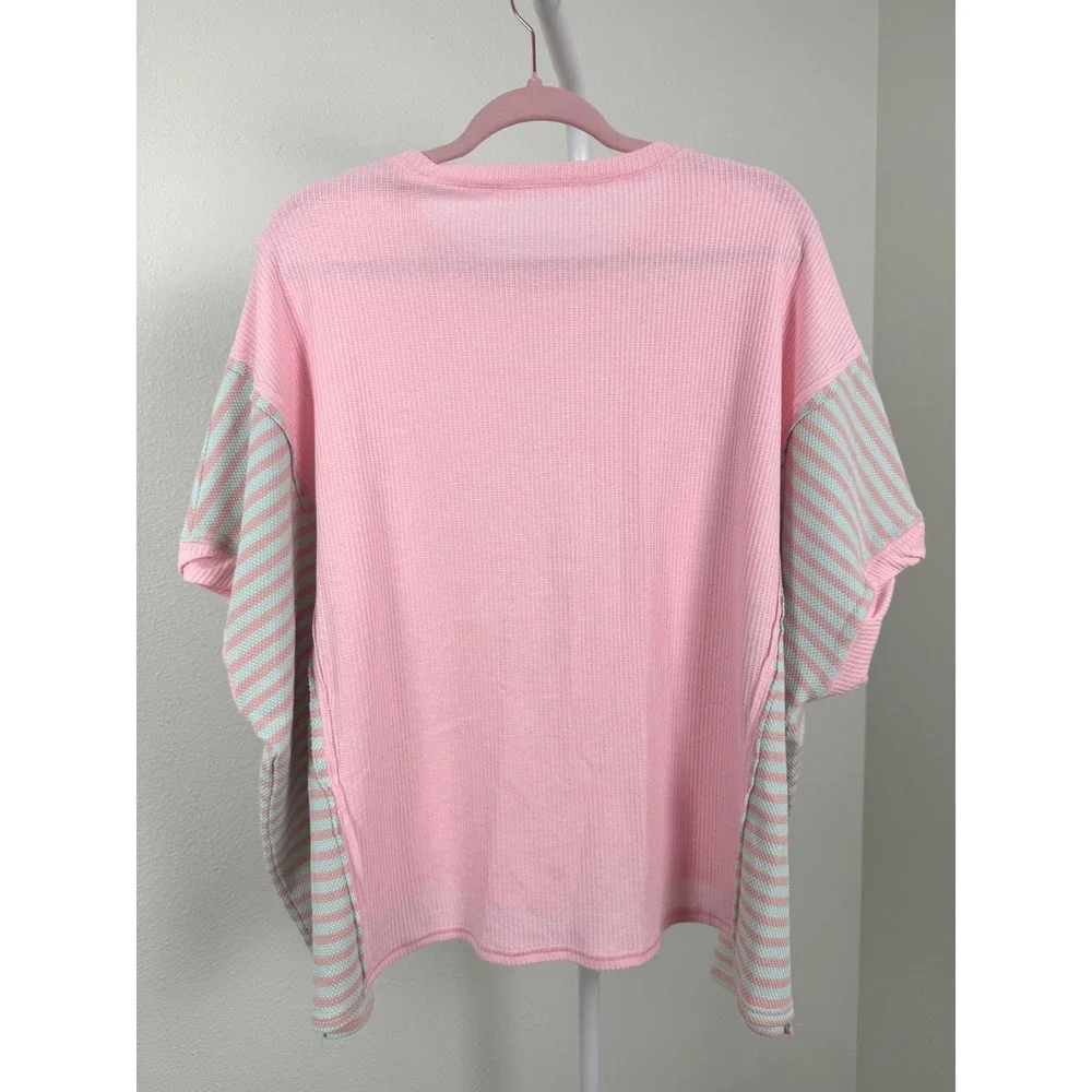 Altar'd State Pink Waffle Knit Striped Contrast Oversized Dolman Sleeve Top XS